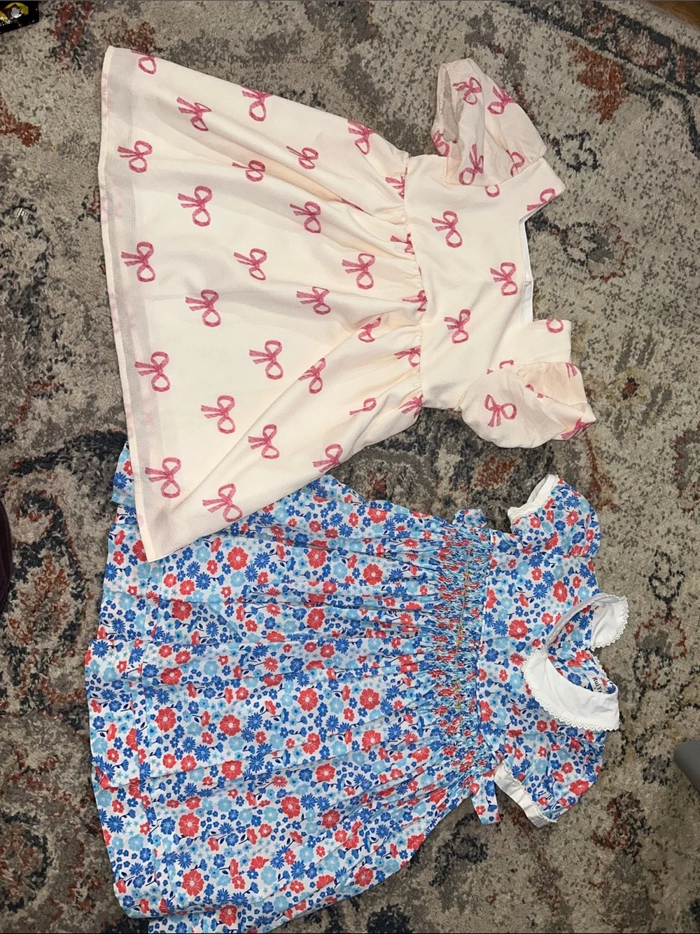 Girls Pink Bow Print Short-Sleeve Dress bundle with Blue and Red Smocked Dress